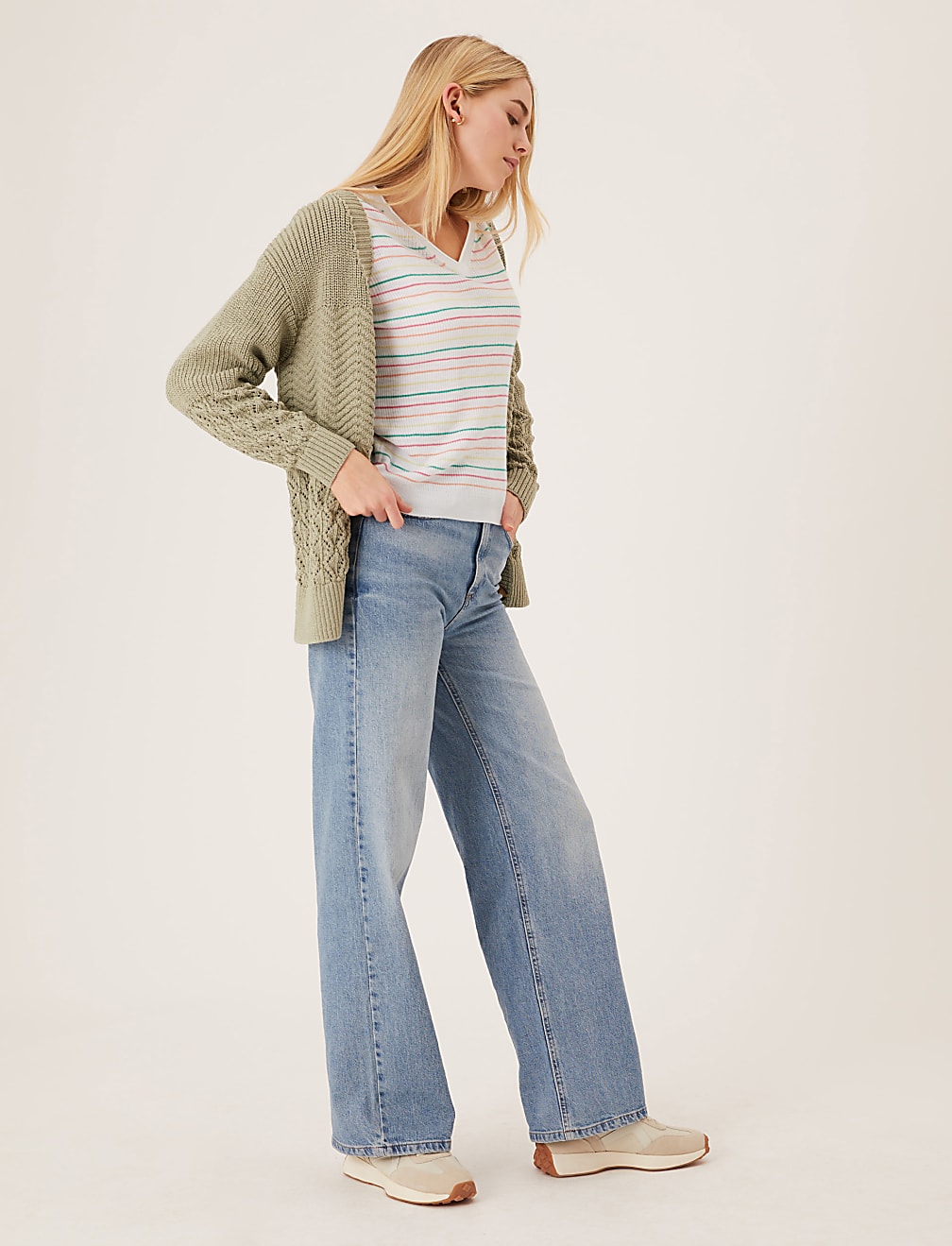 Striped V-Neck Knitted Top with Linen