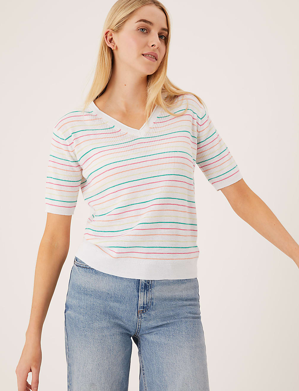 Striped V-Neck Knitted Top with Linen