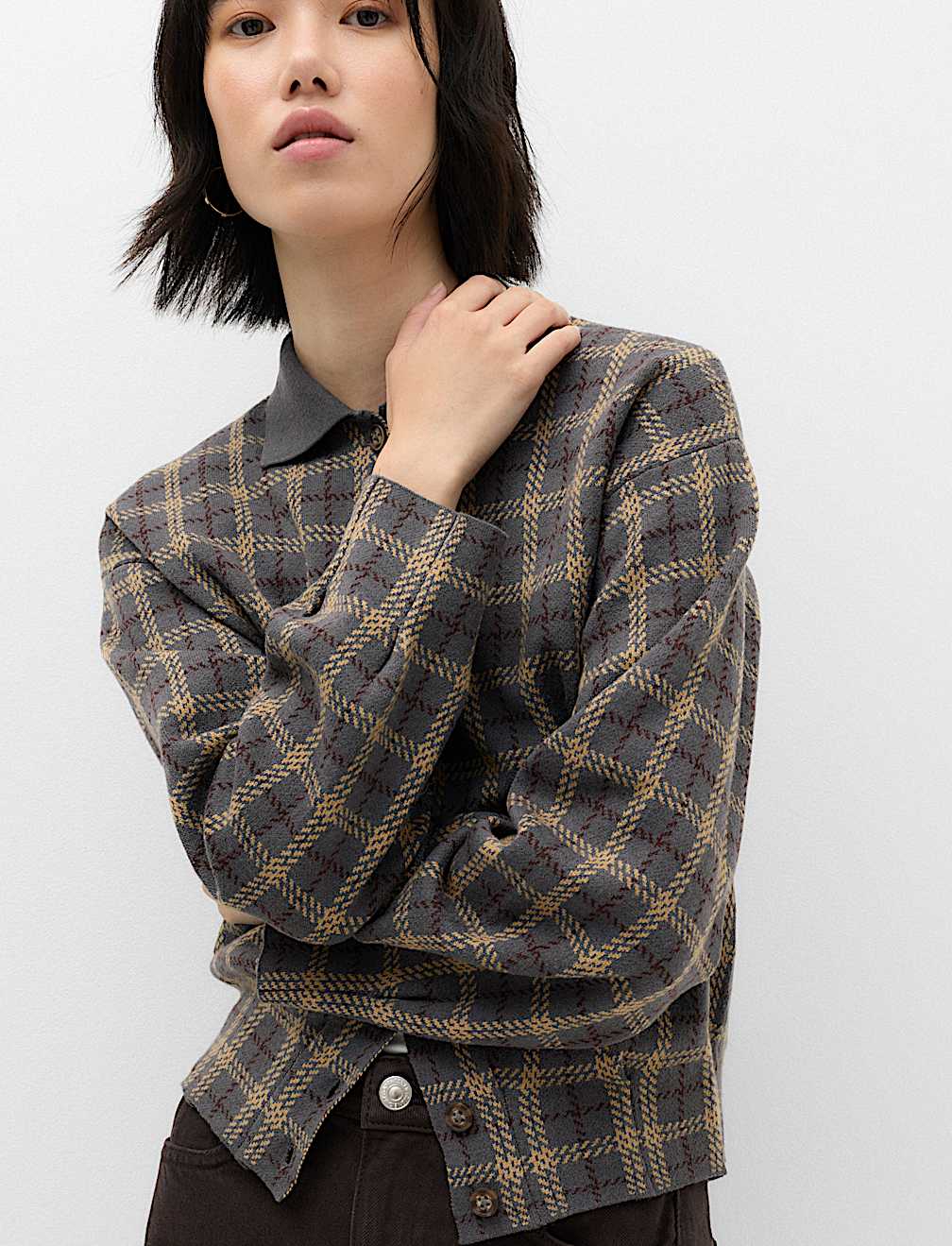 Checked Collared Button Front Cardigan with Wool