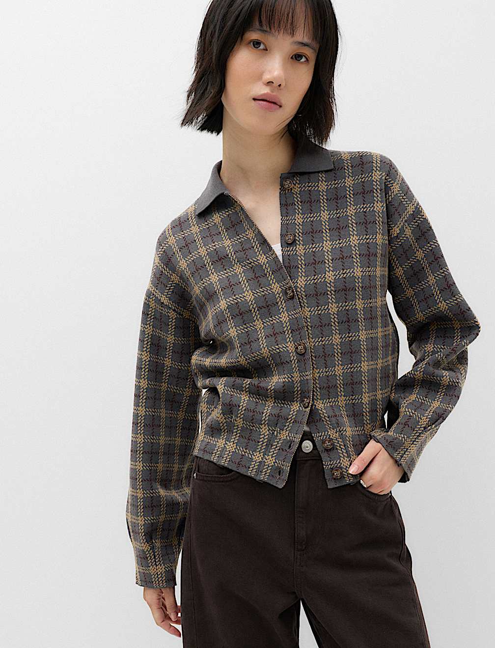 Checked Collared Button Front Cardigan with Wool