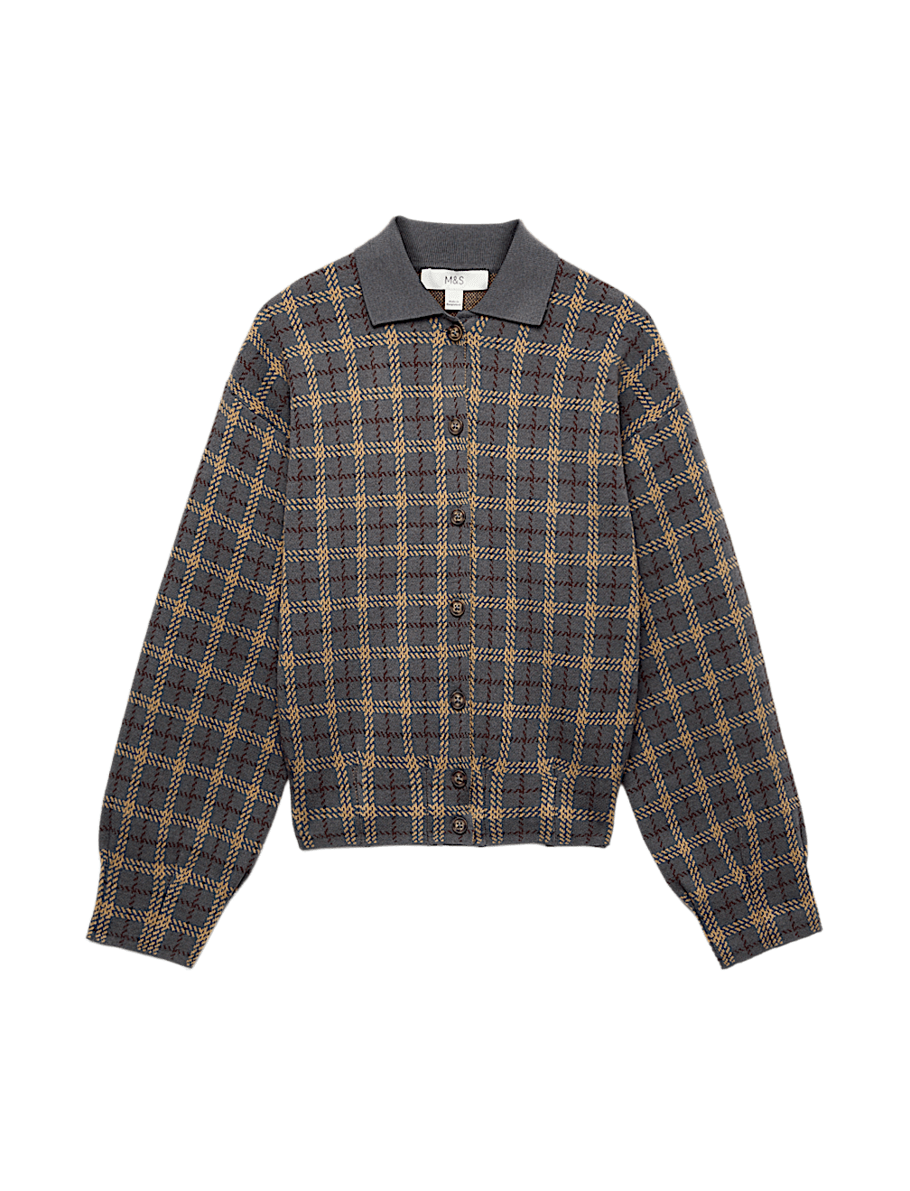 Checked Collared Button Front Cardigan with Wool
