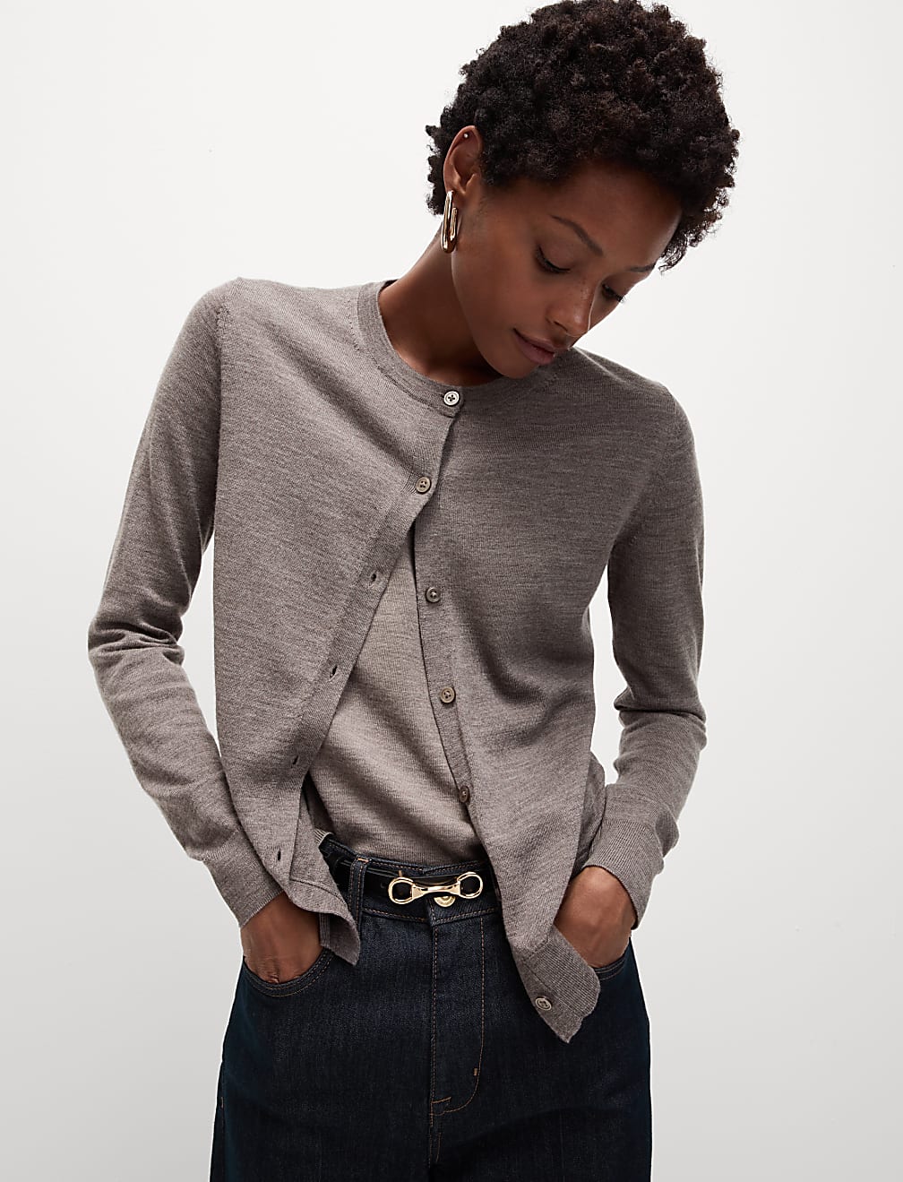 Pure Merino Wool Crew Neck Cardigan