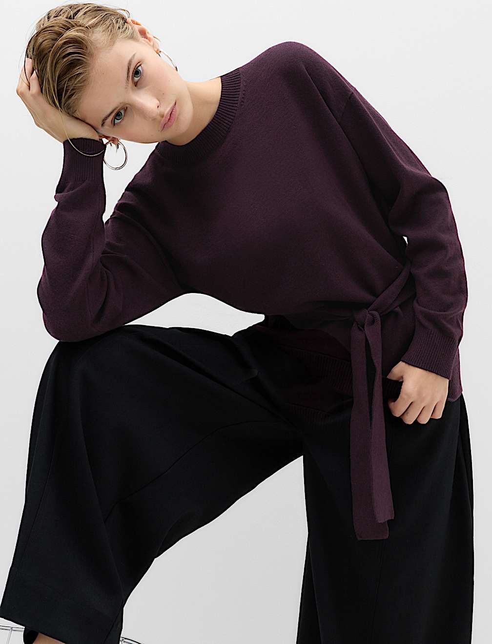 Tie Front Crew Neck Relaxed Jumper