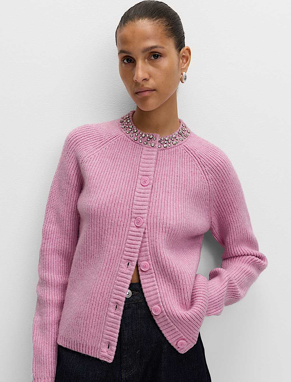 Textured Embellished Button Front Cardigan