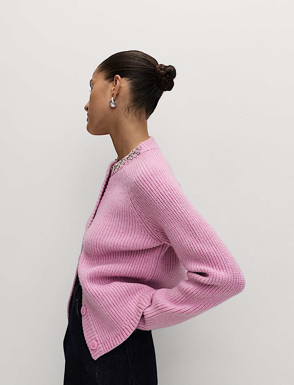 Textured Embellished Button Front Cardigan