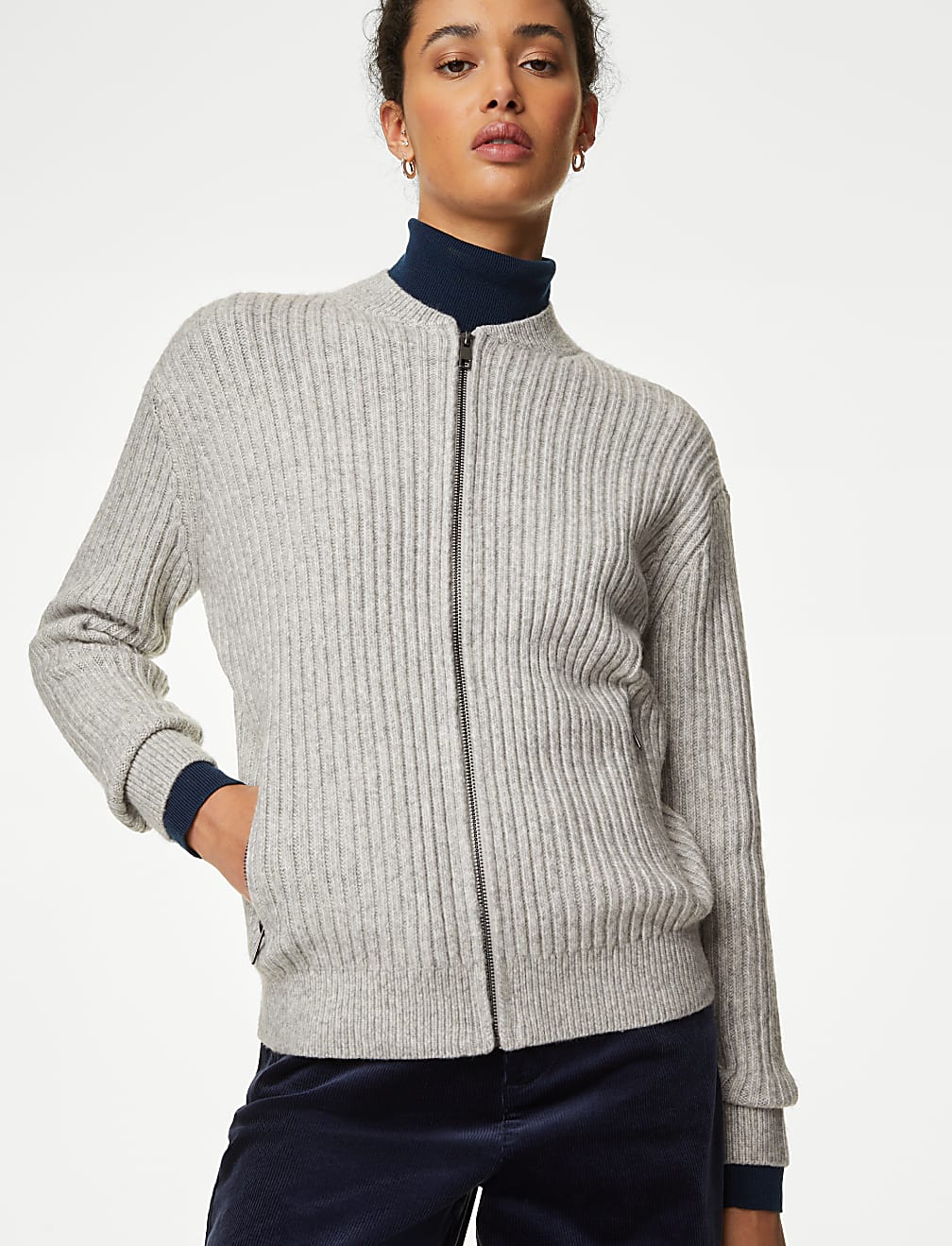 Knitted Ribbed Crew Neck Cardigan