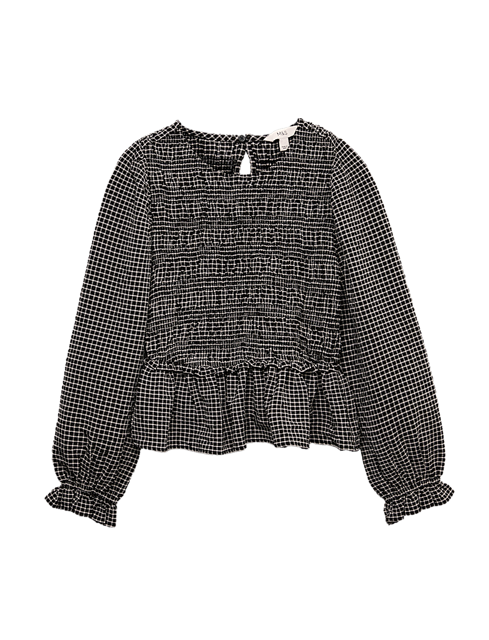 Crew Neck Shirred Checked Blouse