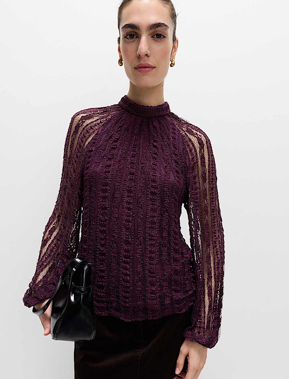 Jersey Lace High Neck Blouse with Stretch