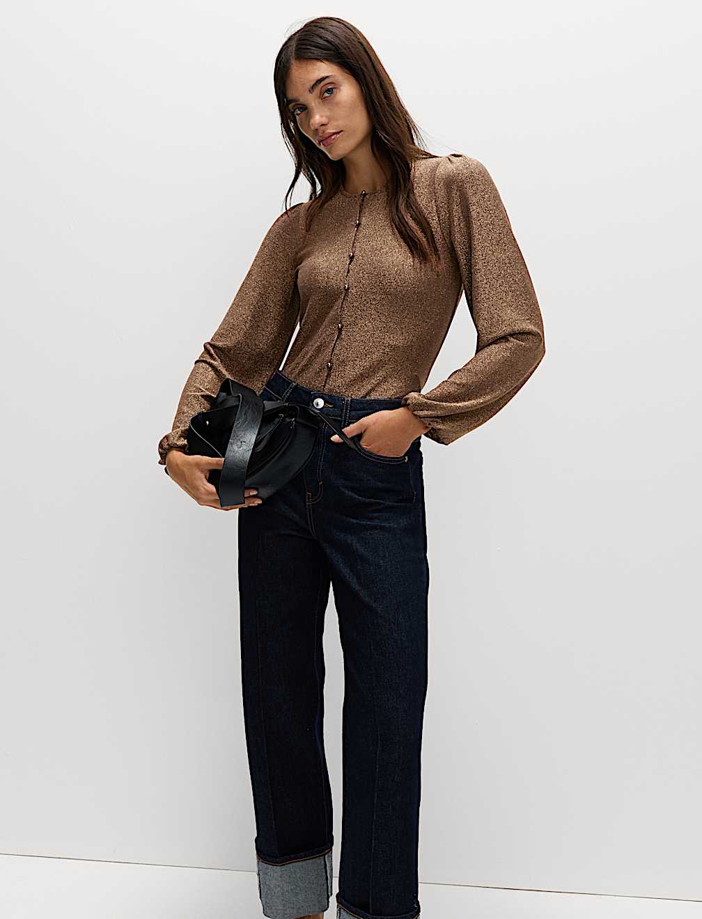 Sparkly Button Through Blouson Sleeve Top