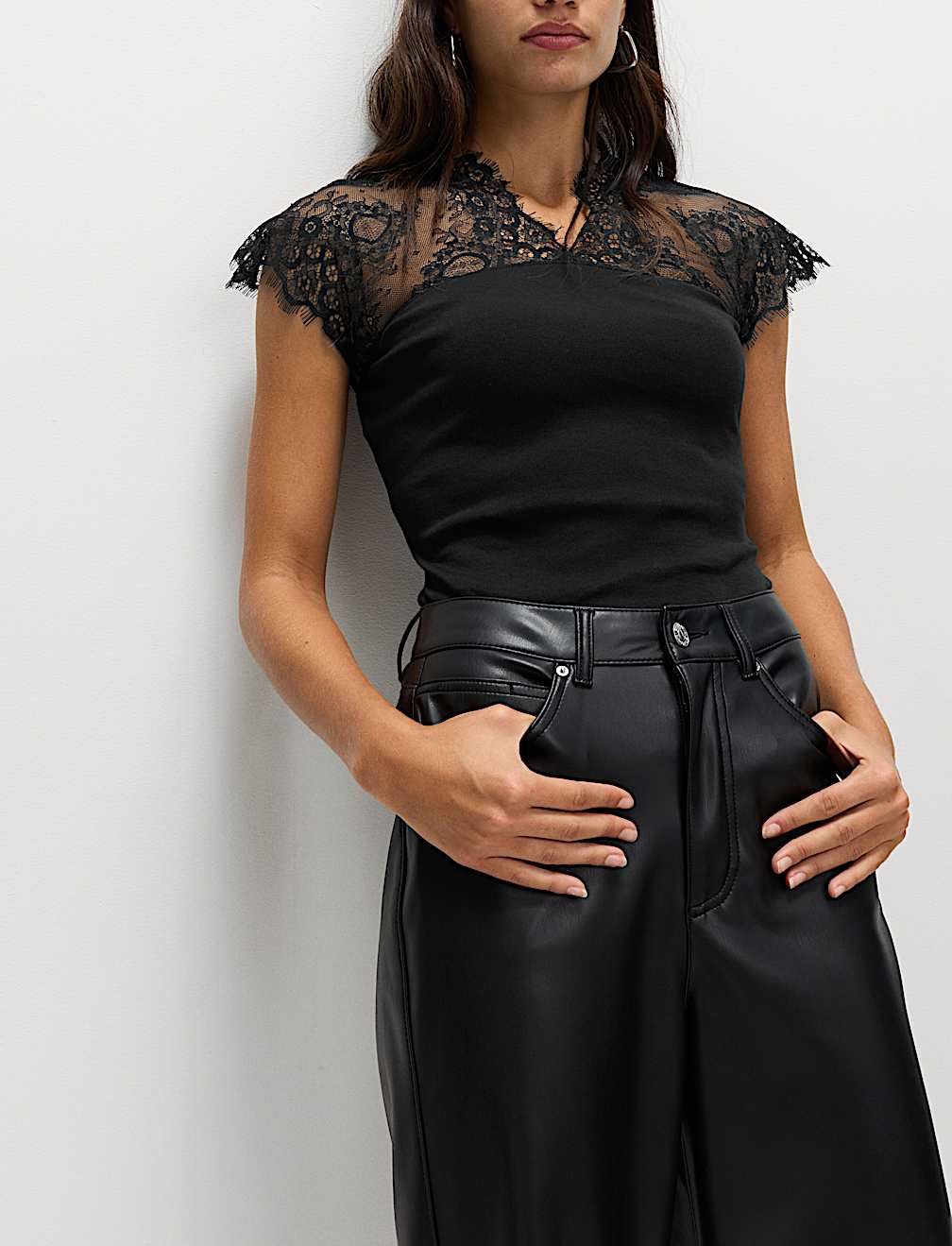 Pure Cotton Lace Insert V-Neck Top