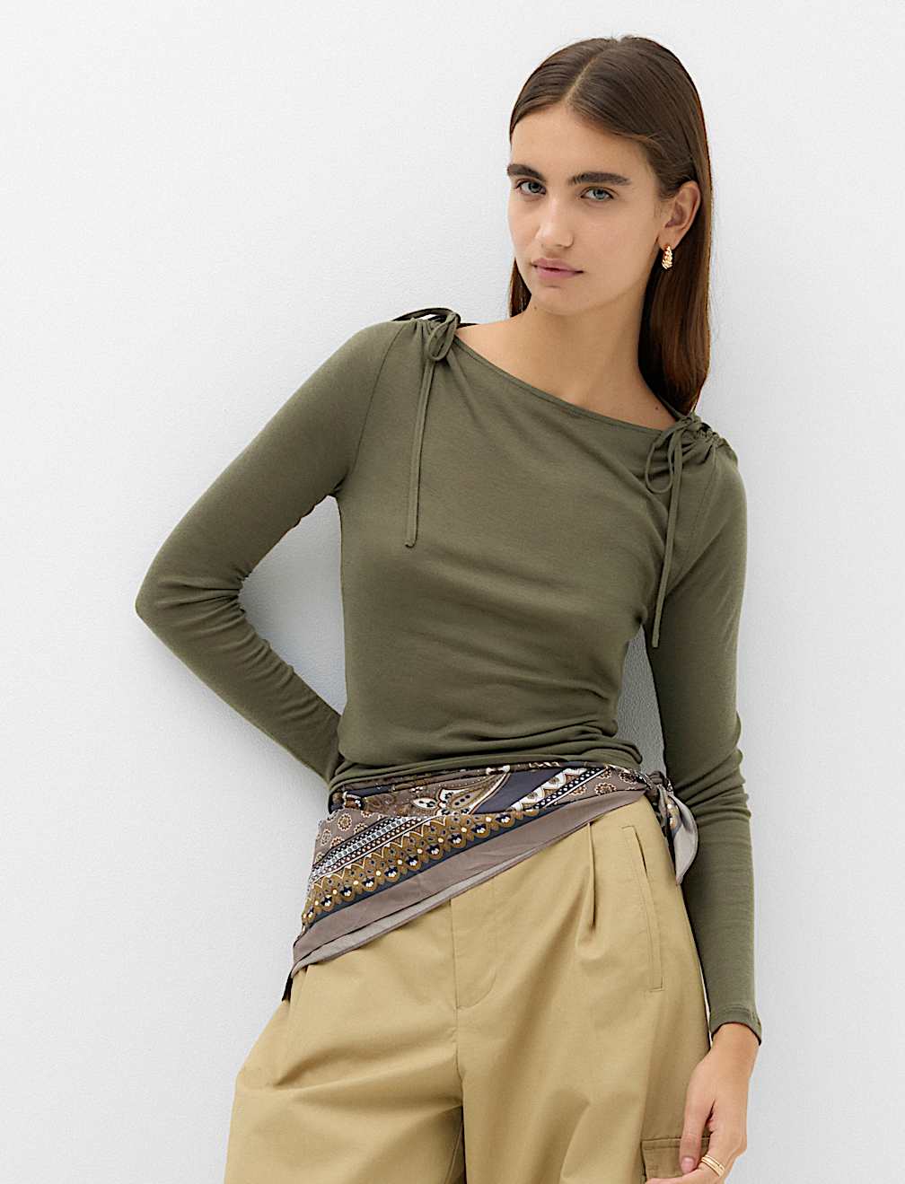 Tie Shoulder Long Sleeve Top With Wool