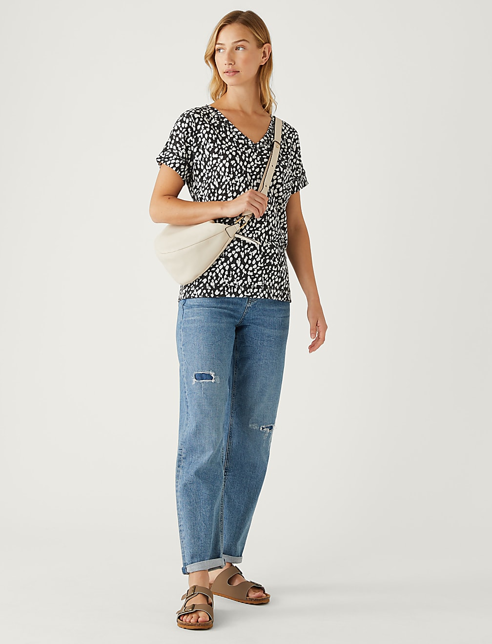 Linen Rich Printed V-Neck T-Shirt