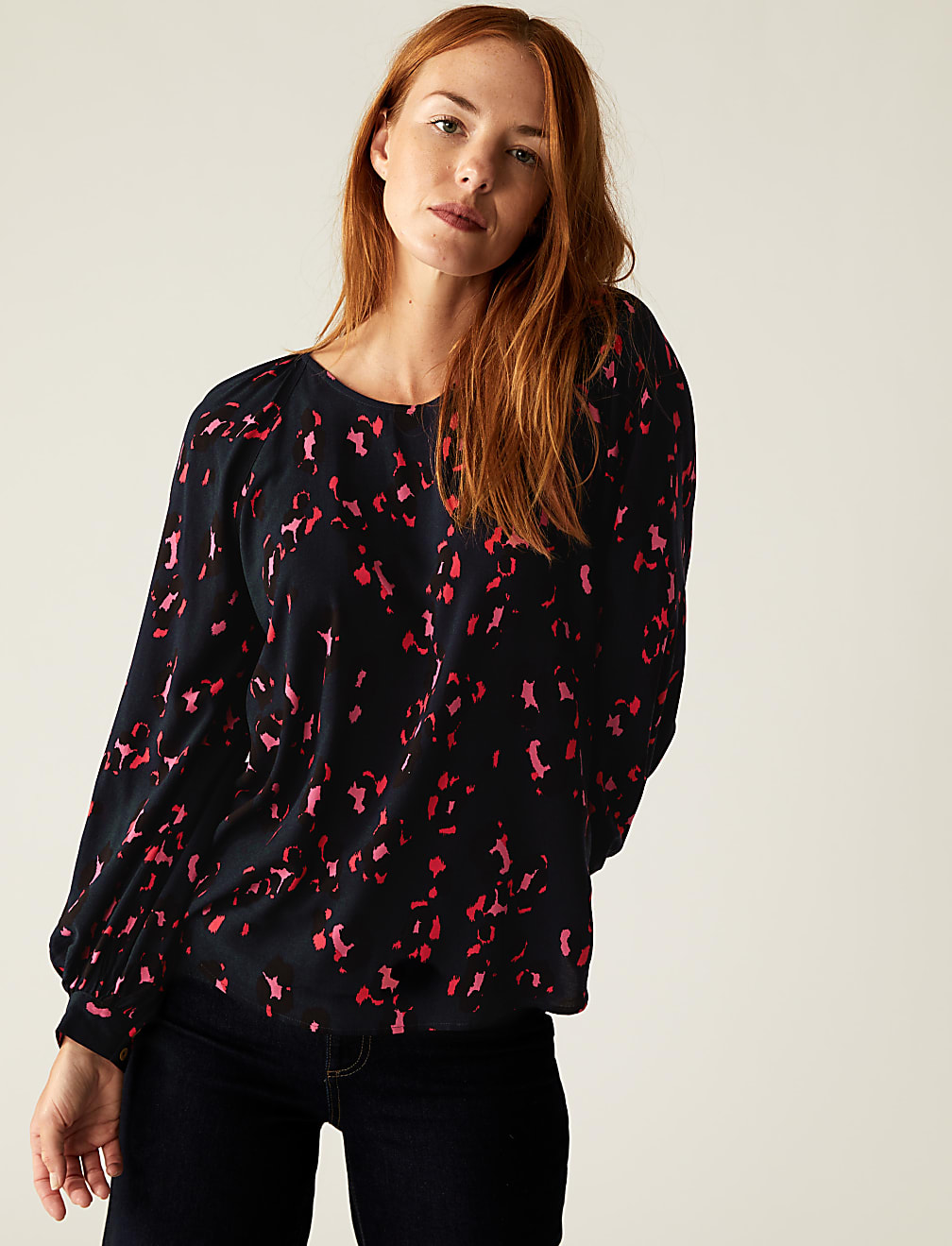Printed Crew Neck Blouson Sleeve Blouse