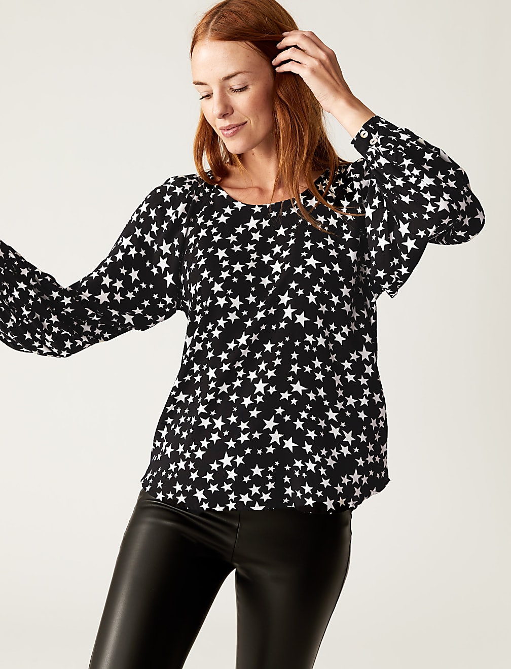 Printed Crew Neck Blouson Sleeve Blouse