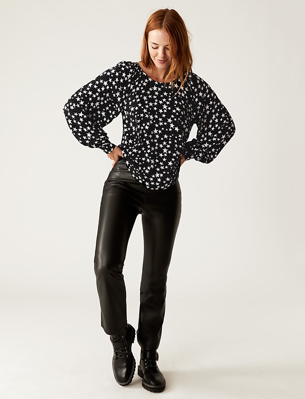 Printed Crew Neck Blouson Sleeve Blouse