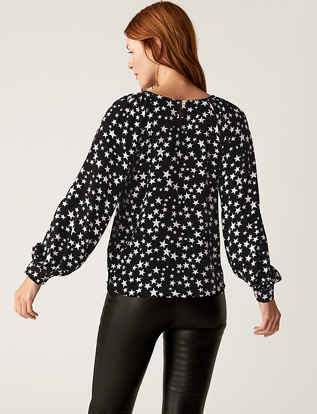 Printed Crew Neck Blouson Sleeve Blouse