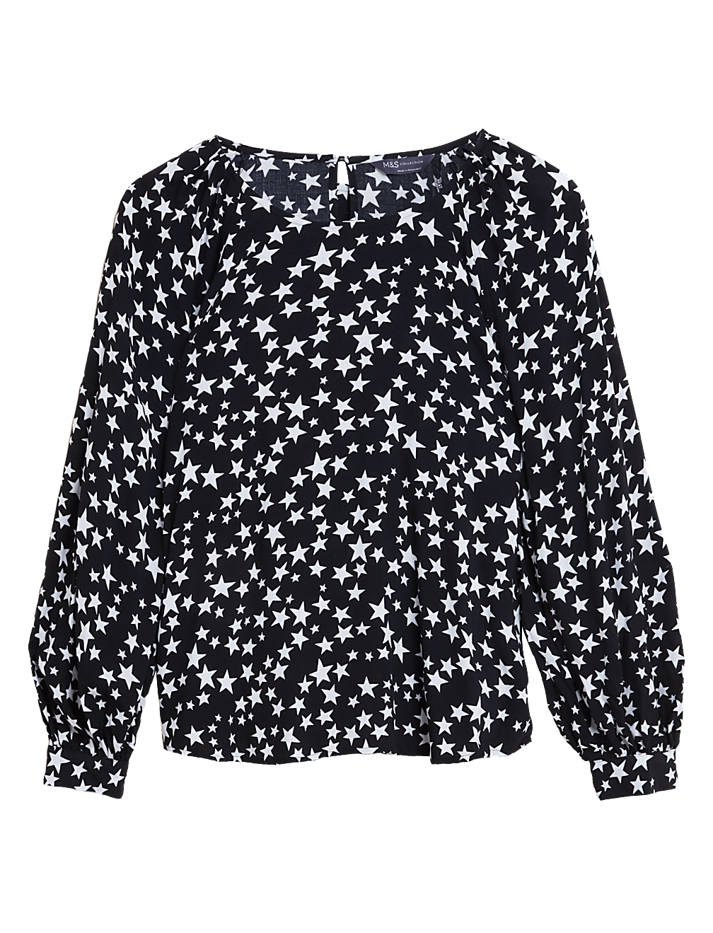 Printed Crew Neck Blouson Sleeve Blouse