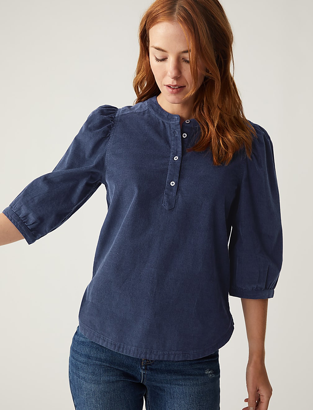 Corduroy Puff Sleeve Popover Blouse