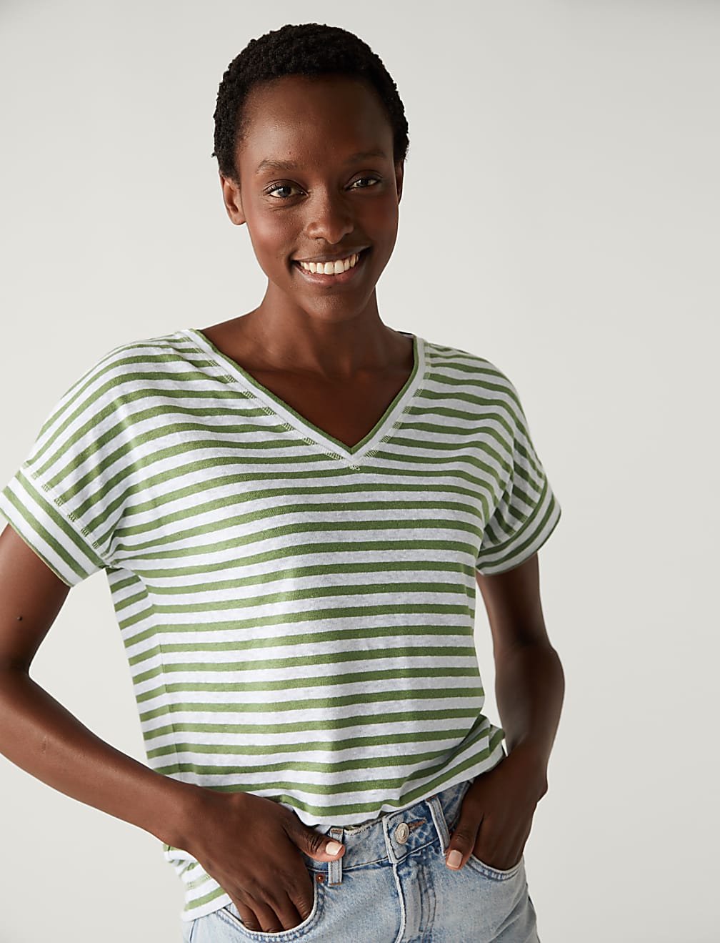 Linen Rich Striped V-Neck T-Shirt