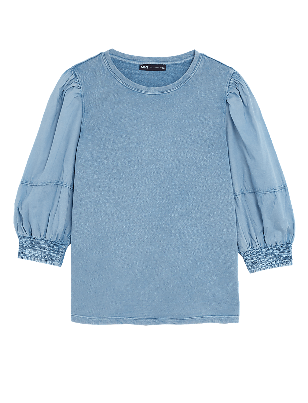 Pure Cotton Crew Neck Volume Sleeve Top