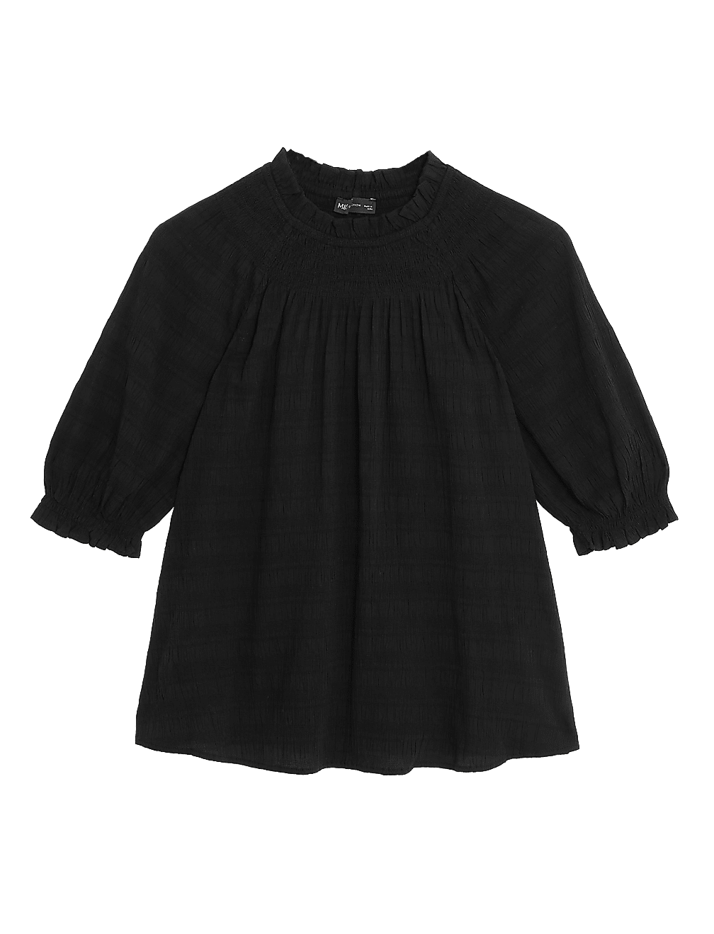 Cotton Blend Shirred Puff Sleeve Blouse