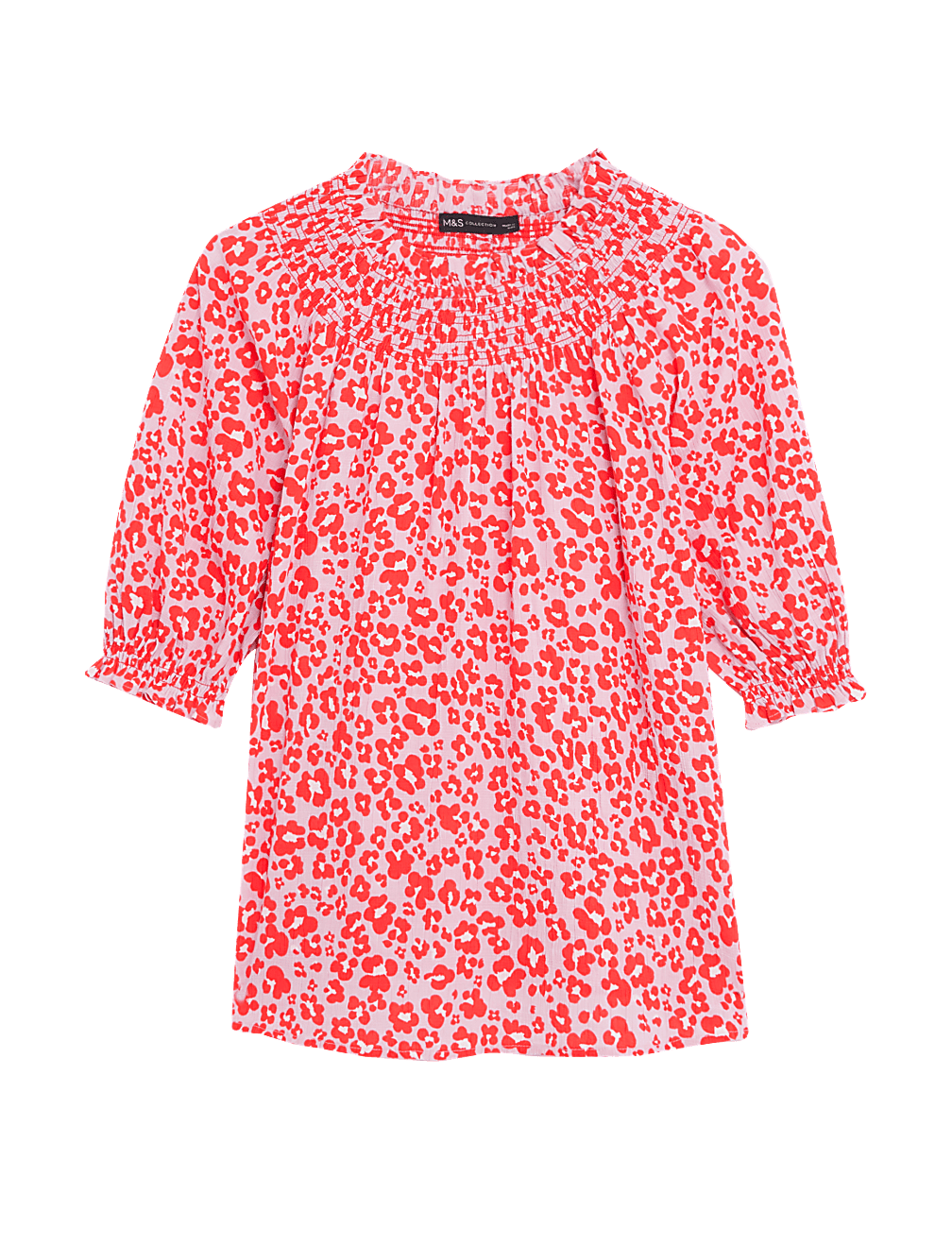 Cotton Blend Printed Shirred Blouse