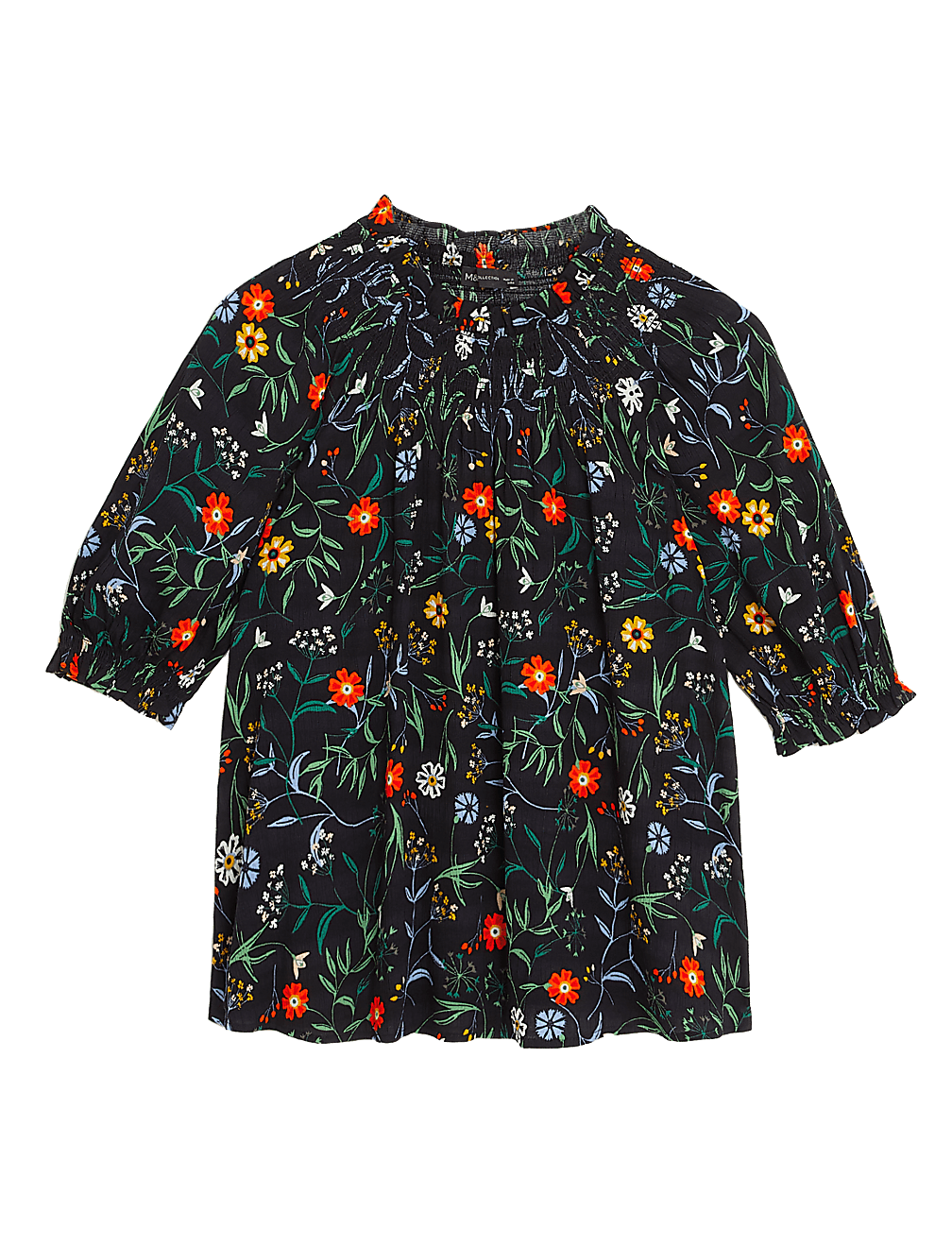 Cotton Blend Printed Shirred Blouse