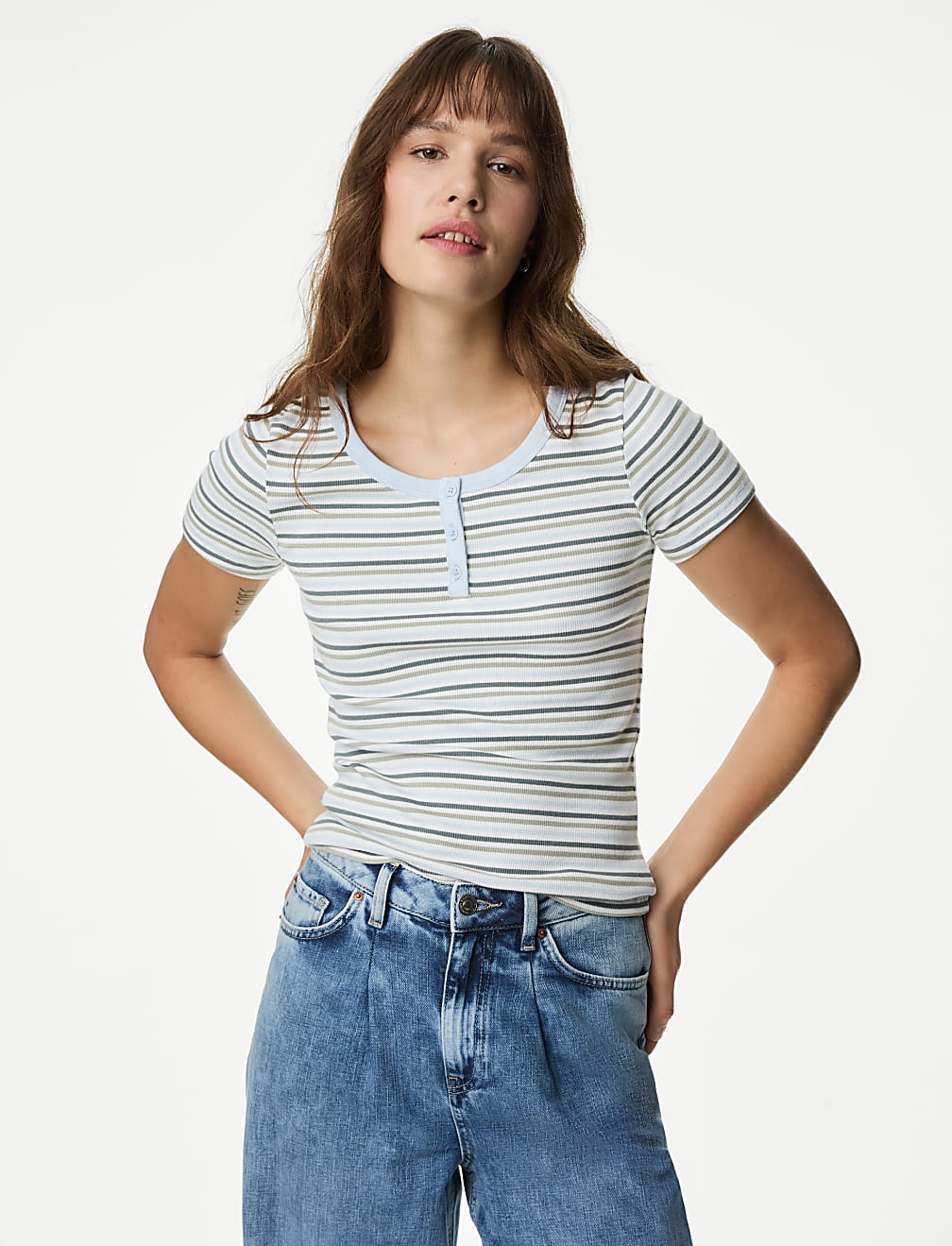 Cotton Rich Ribbed Striped Henley Top