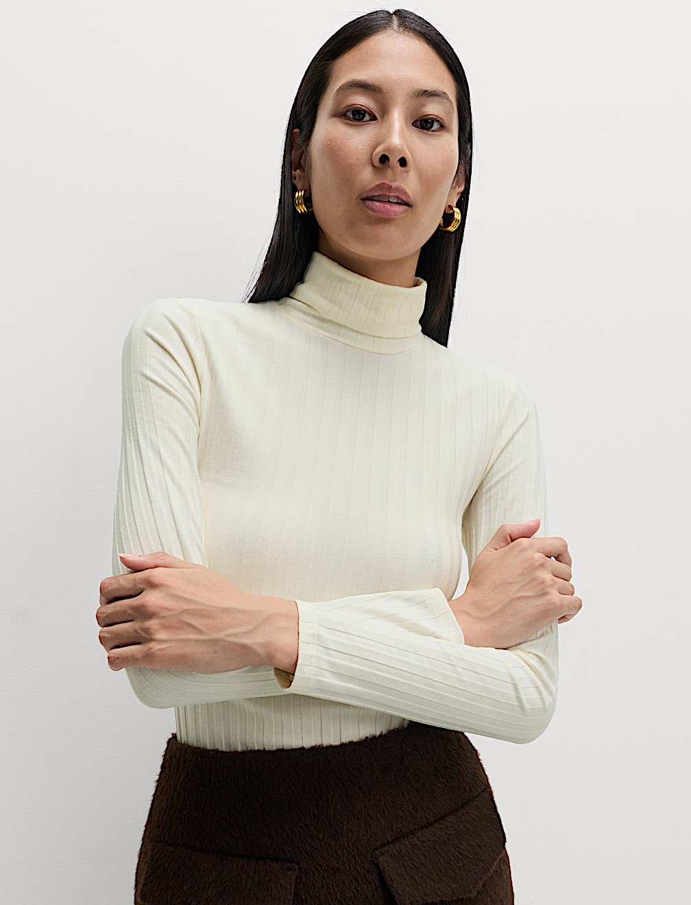 Cotton Blend Funnel Neck Long Sleeve Top