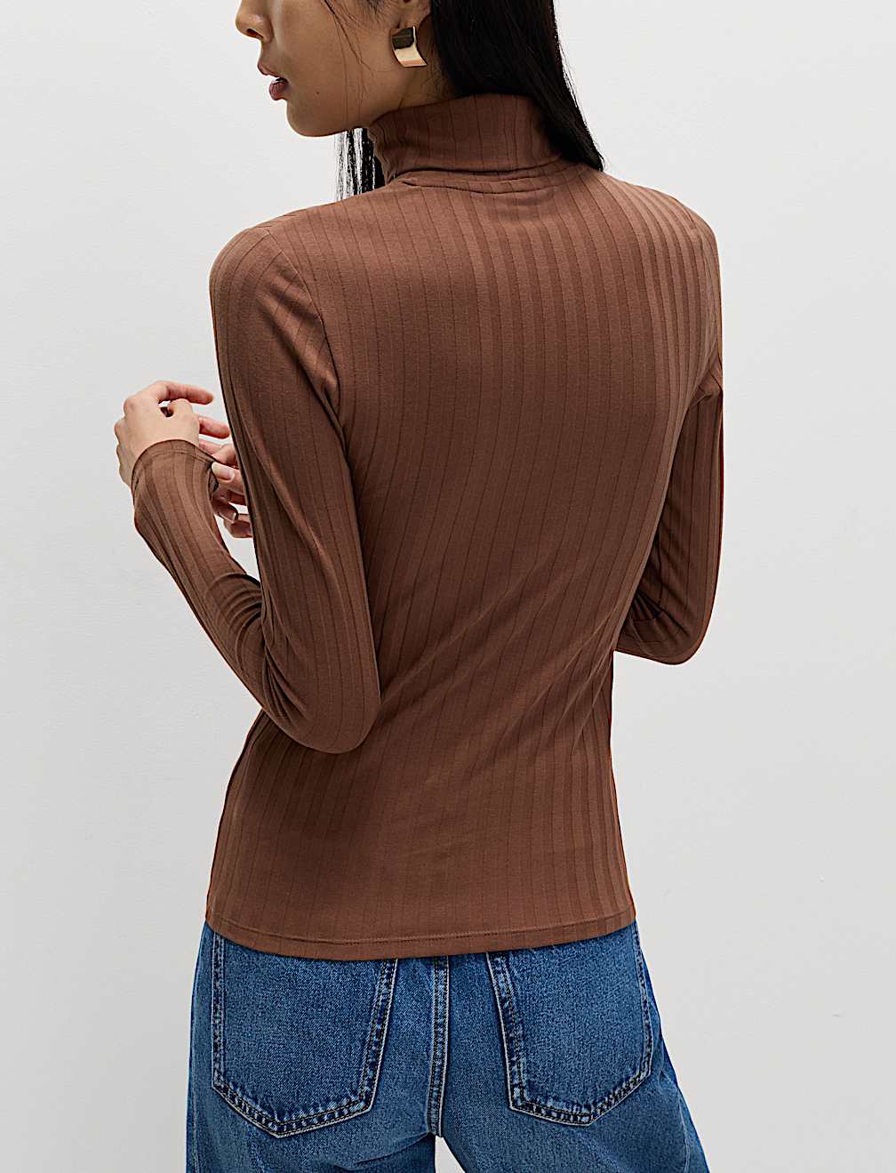 Cotton Blend Funnel Neck Long Sleeve Top