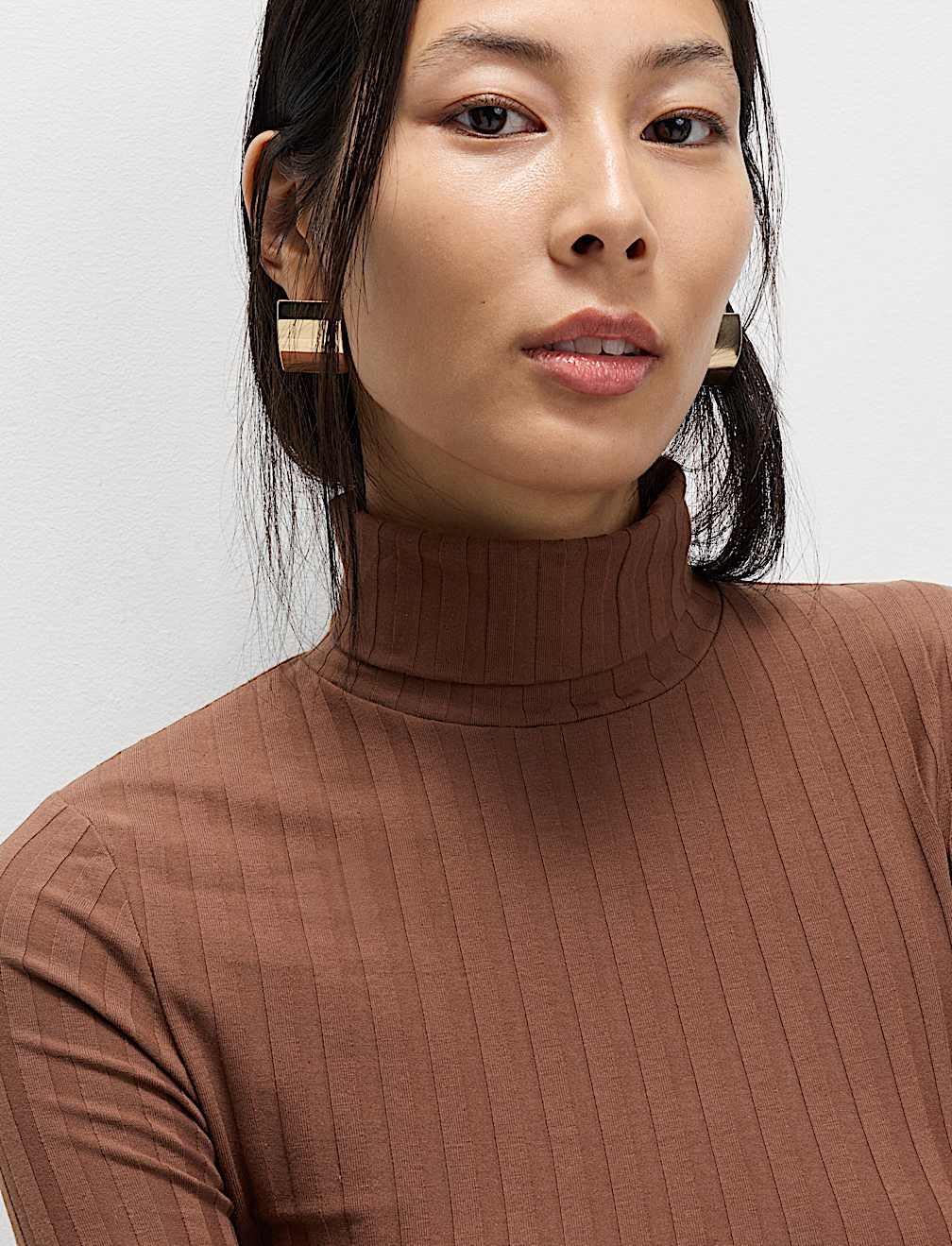 Cotton Blend Funnel Neck Long Sleeve Top