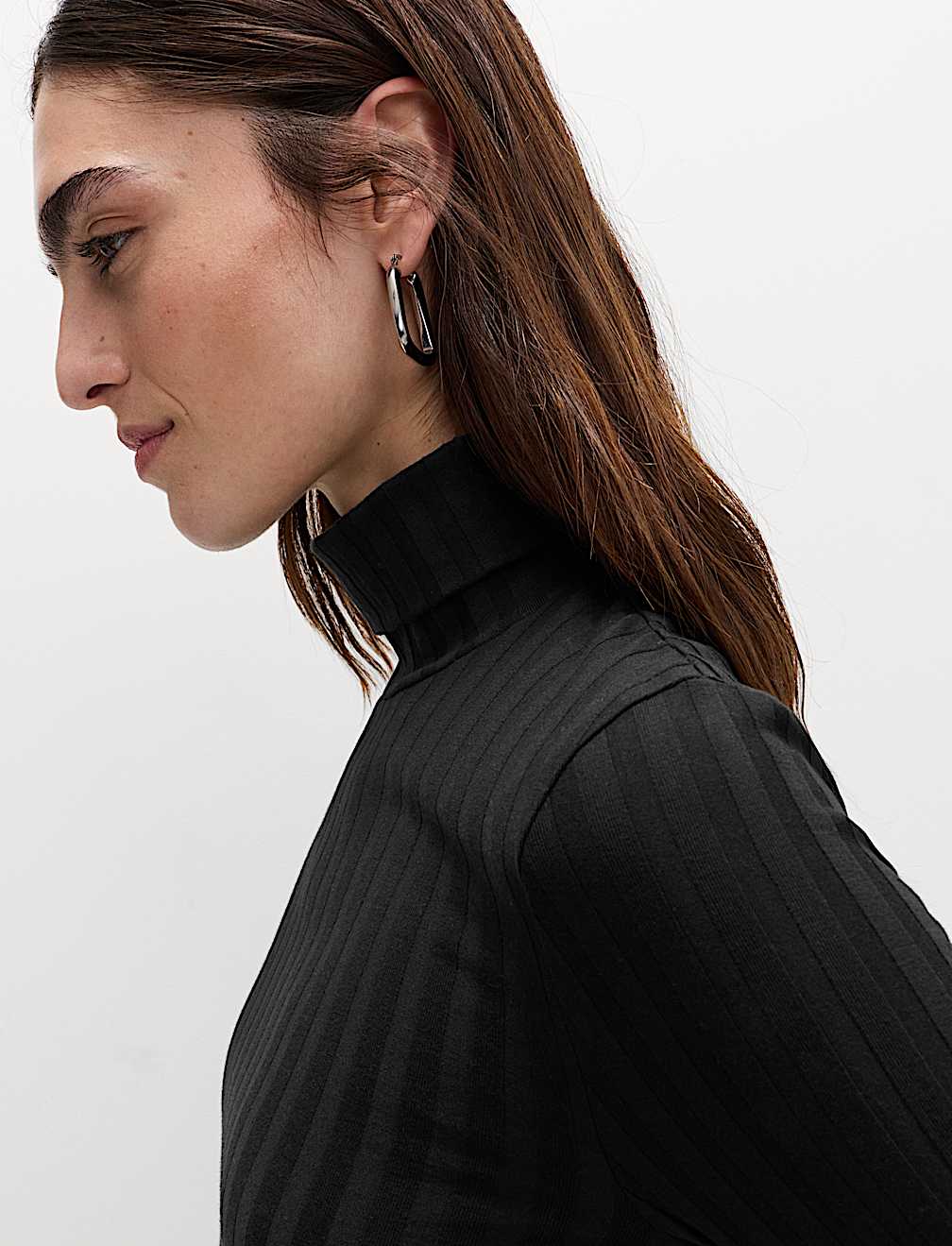 Cotton Blend Funnel Neck Long Sleeve Top