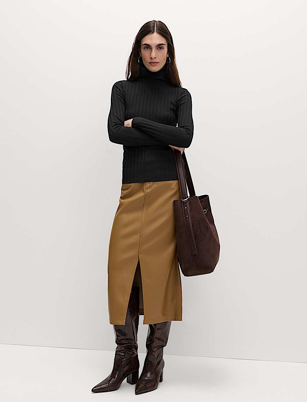 Cotton Blend Funnel Neck Long Sleeve Top