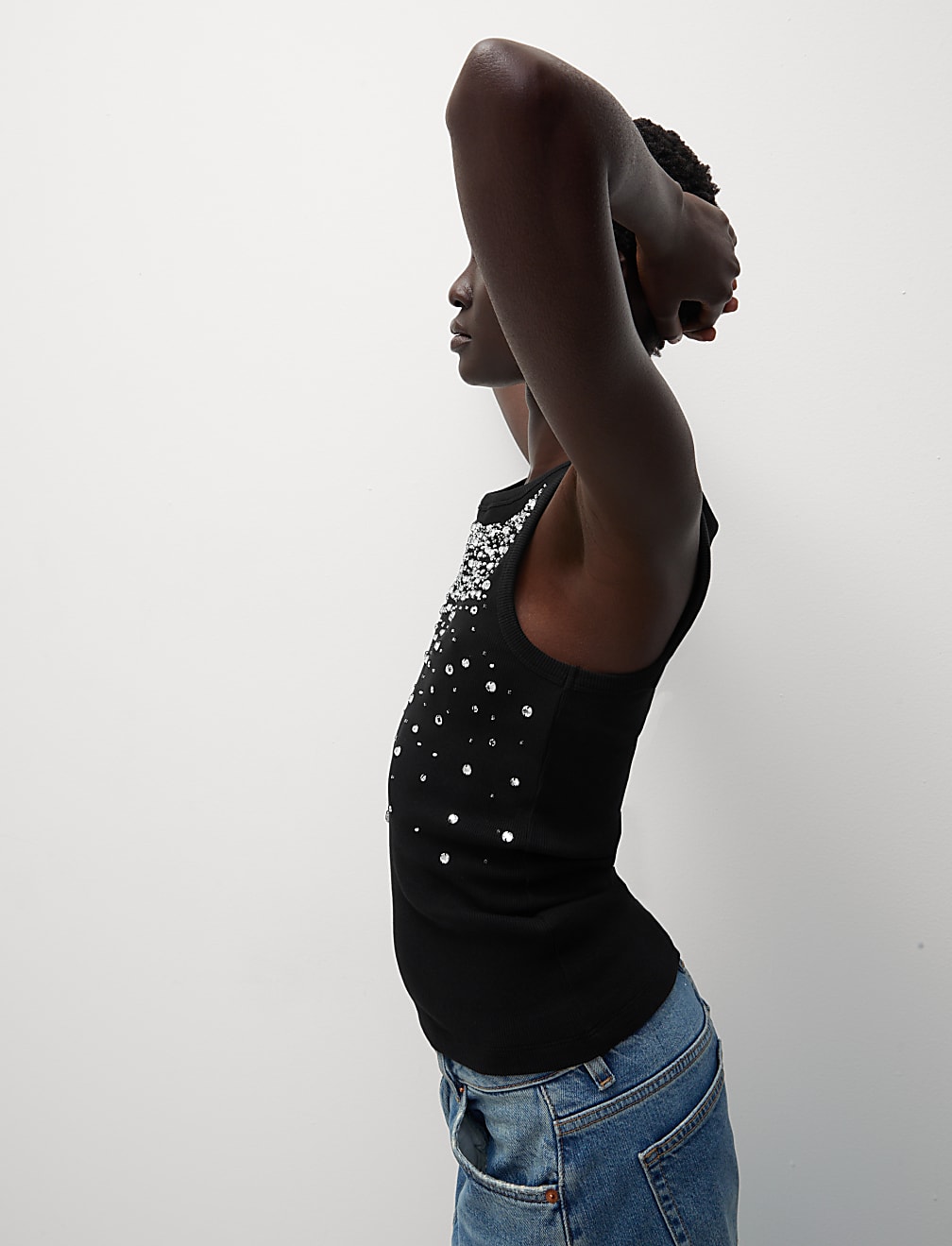 Cotton Rich Embellished Crew Neck Vest Top