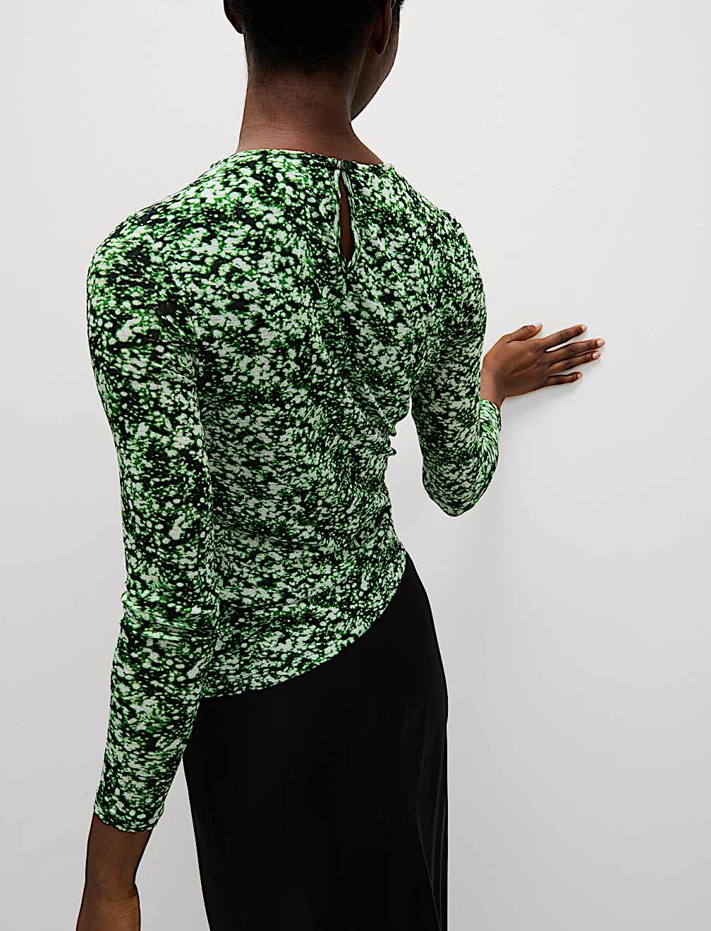 Long Sleeve Printed Ruched Mesh Top