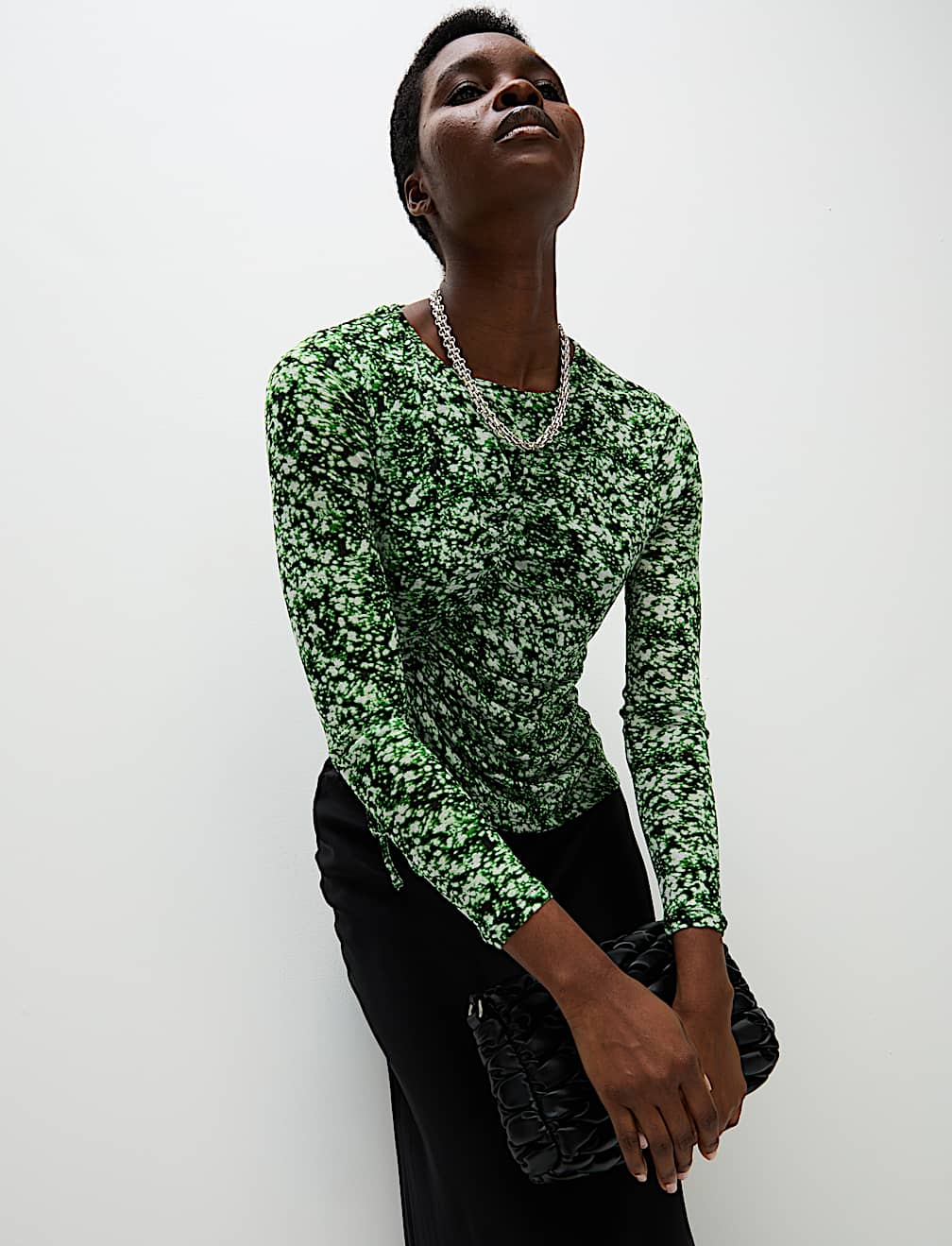 Long Sleeve Printed Ruched Mesh Top