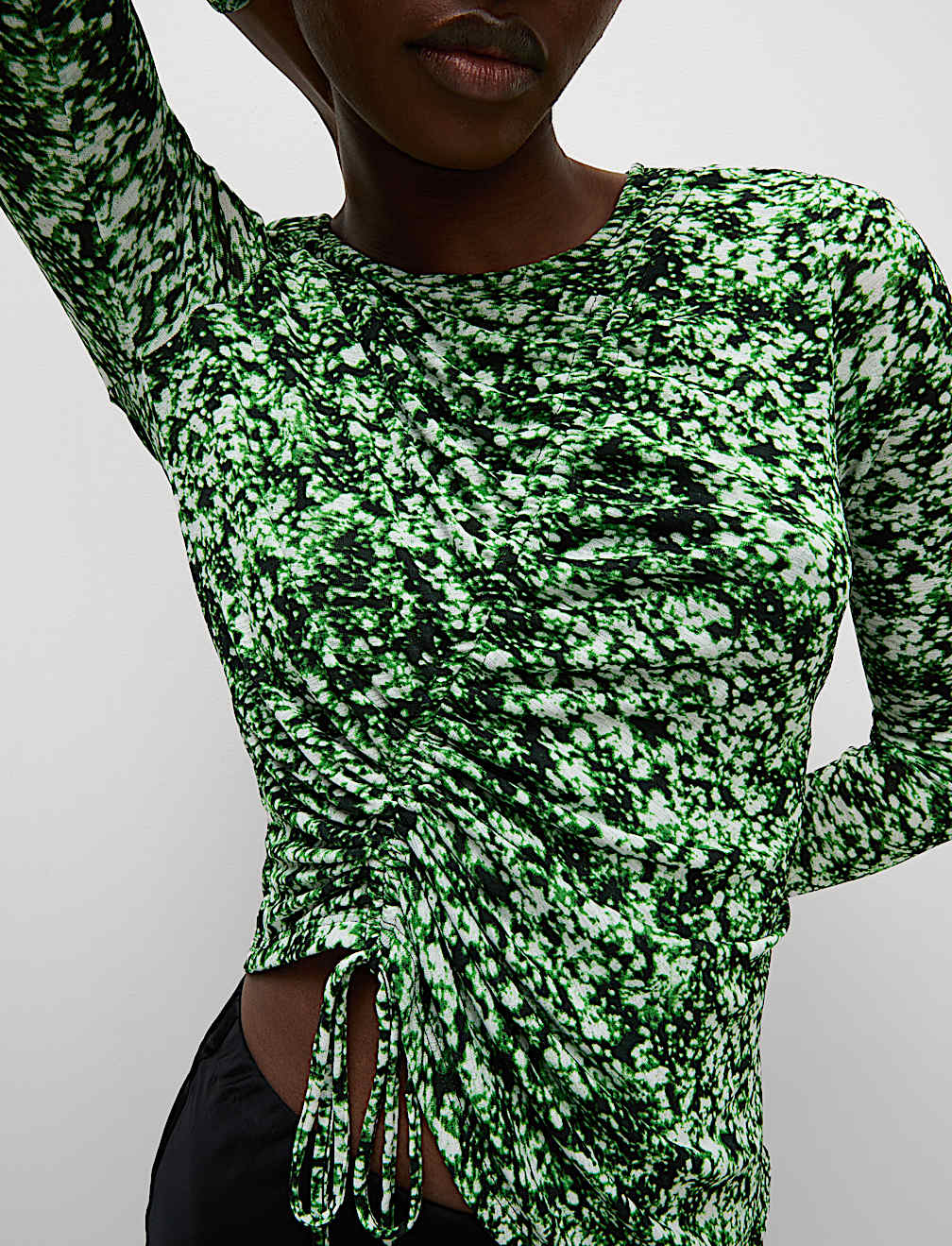 Long Sleeve Printed Ruched Mesh Top