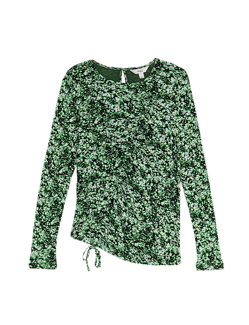 Long Sleeve Printed Ruched Mesh Top