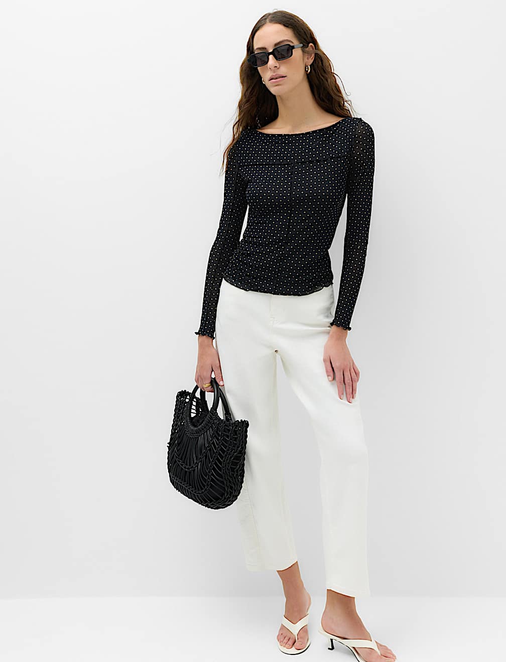 Mesh Jersey Polka Dot Slash Neck Top