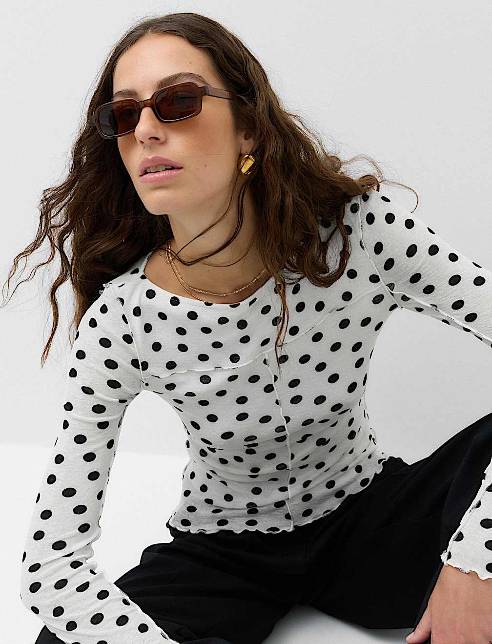 Mesh Jersey Polka Dot Slash Neck Top