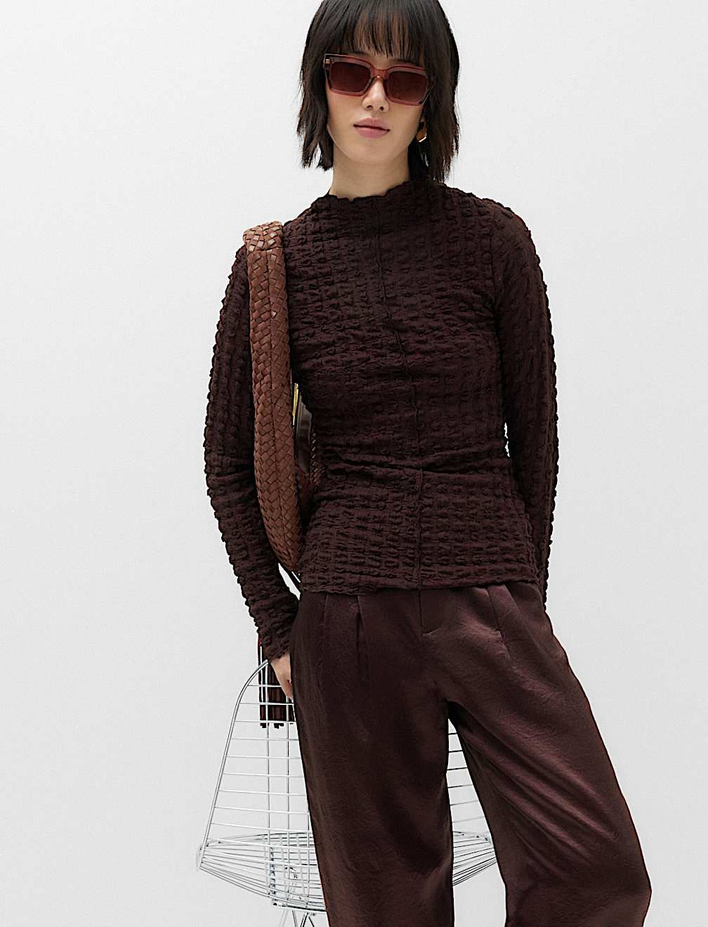 Long Sleeve Funnel Neck Textured Top