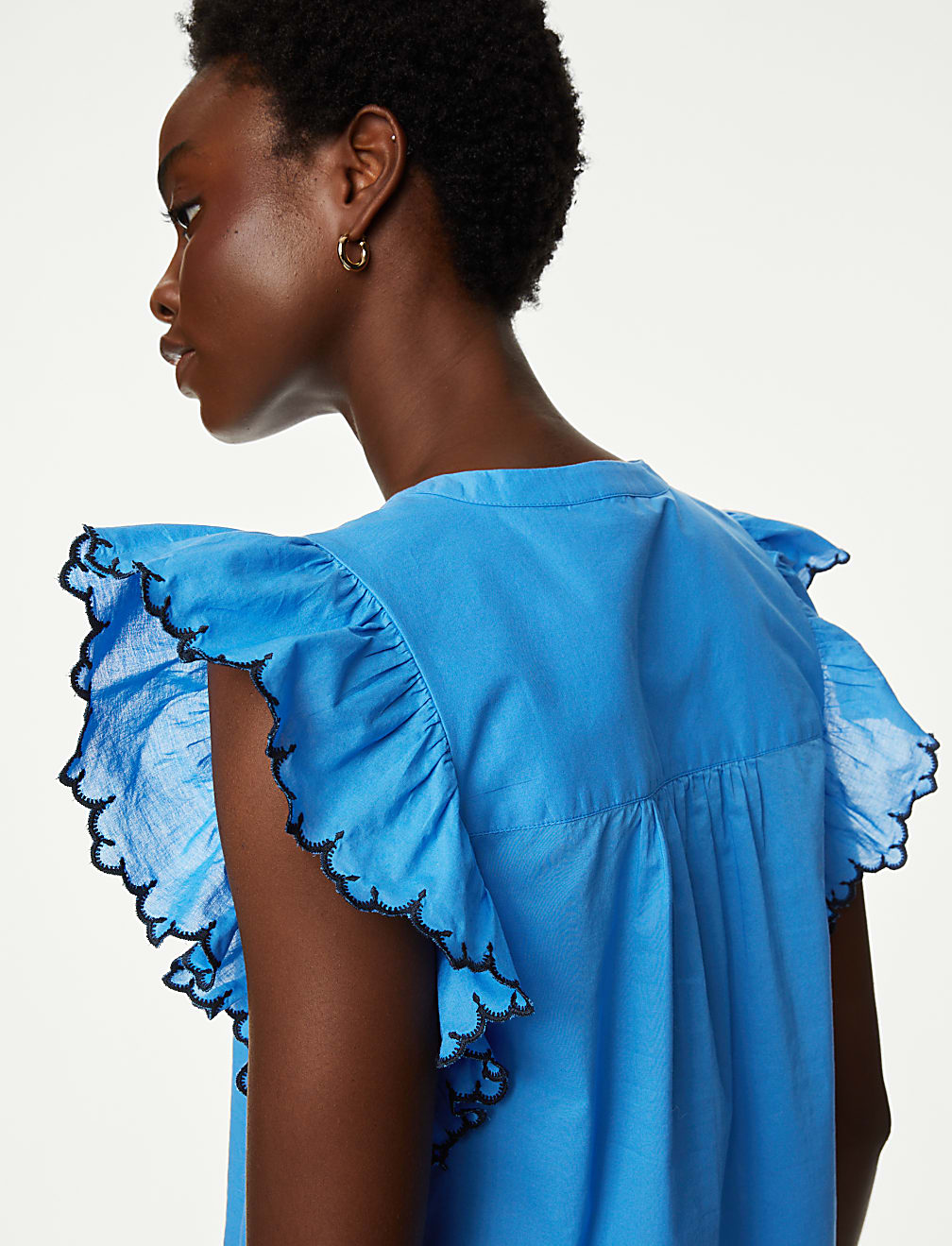 Pure Cotton V-Neck Frill Sleeve Blouse