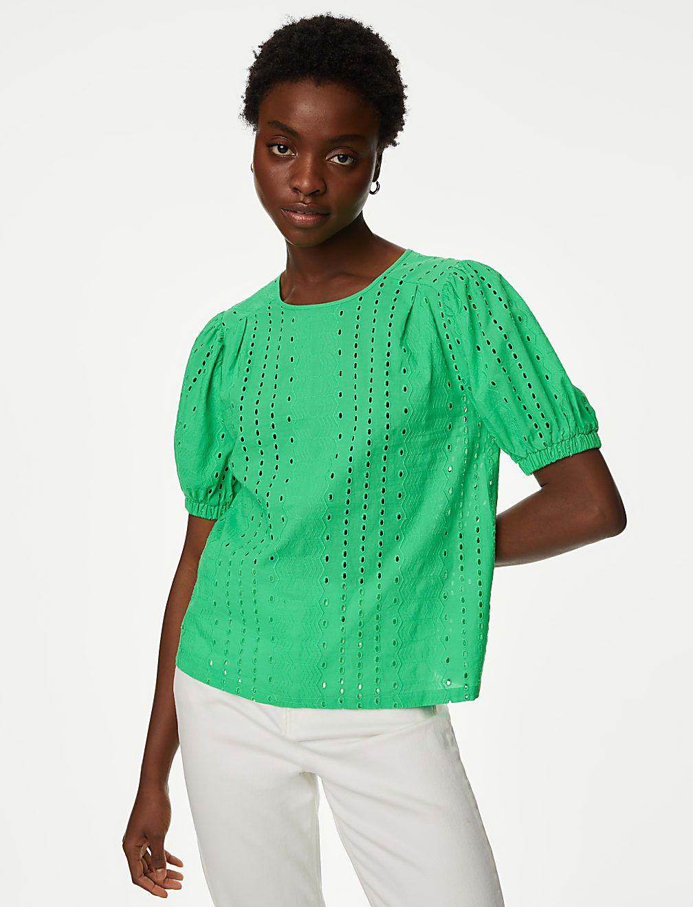 Pure Cotton Broderie Puff Sleeve Blouse