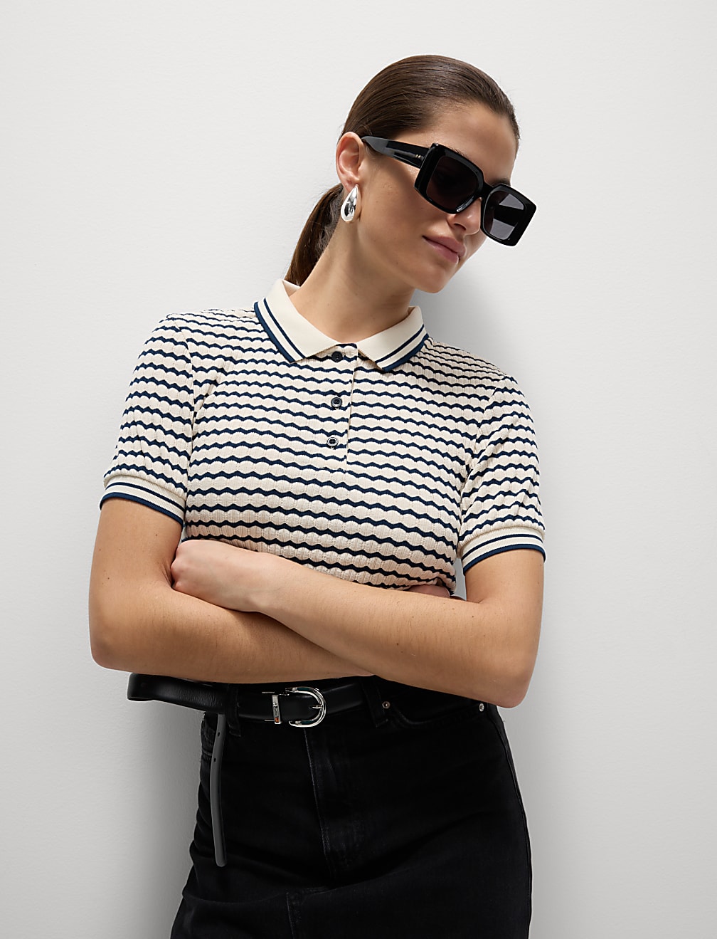 Cotton Blend Geometric Striped Polo Top