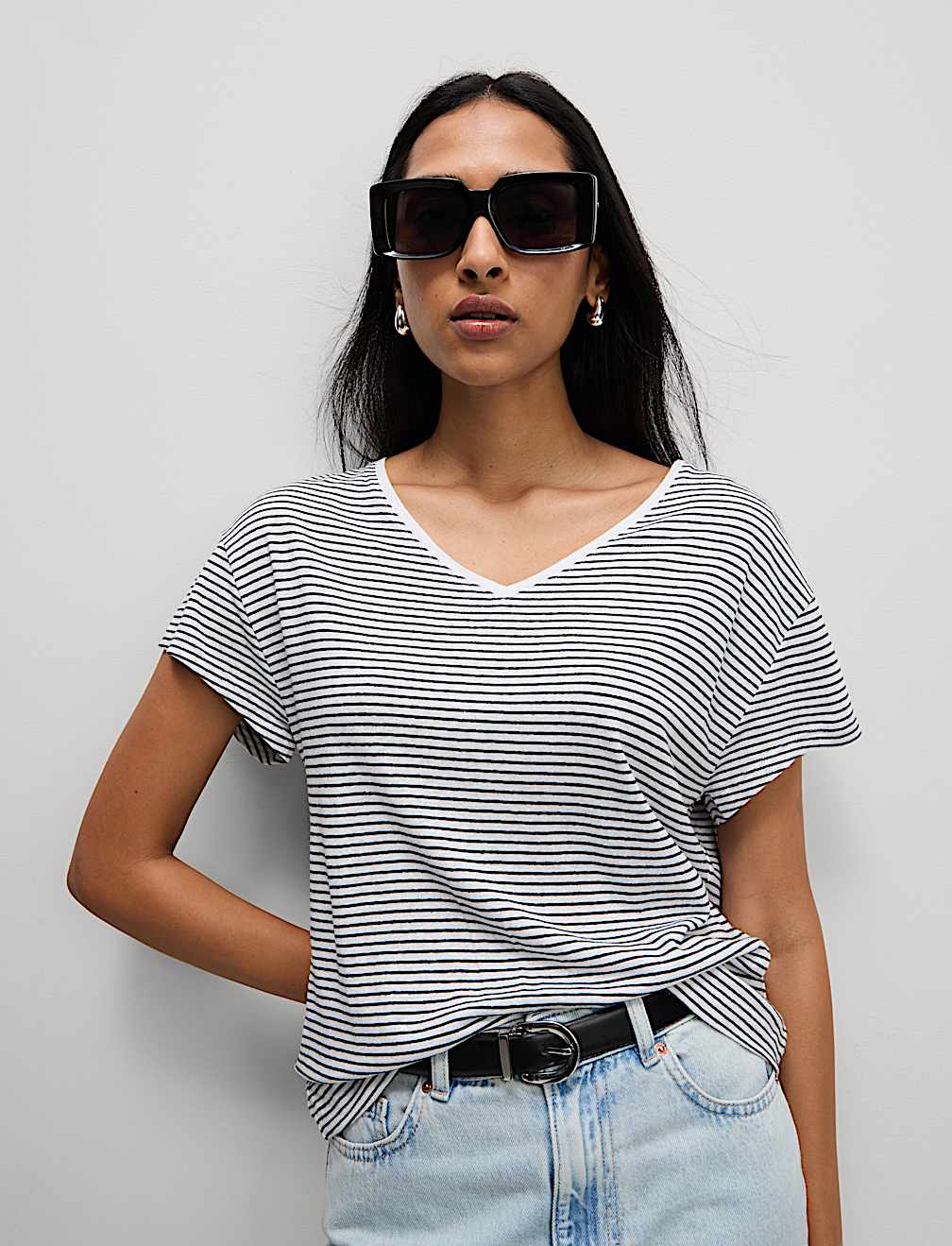 Linen Blend Striped V-Neck T-Shirt