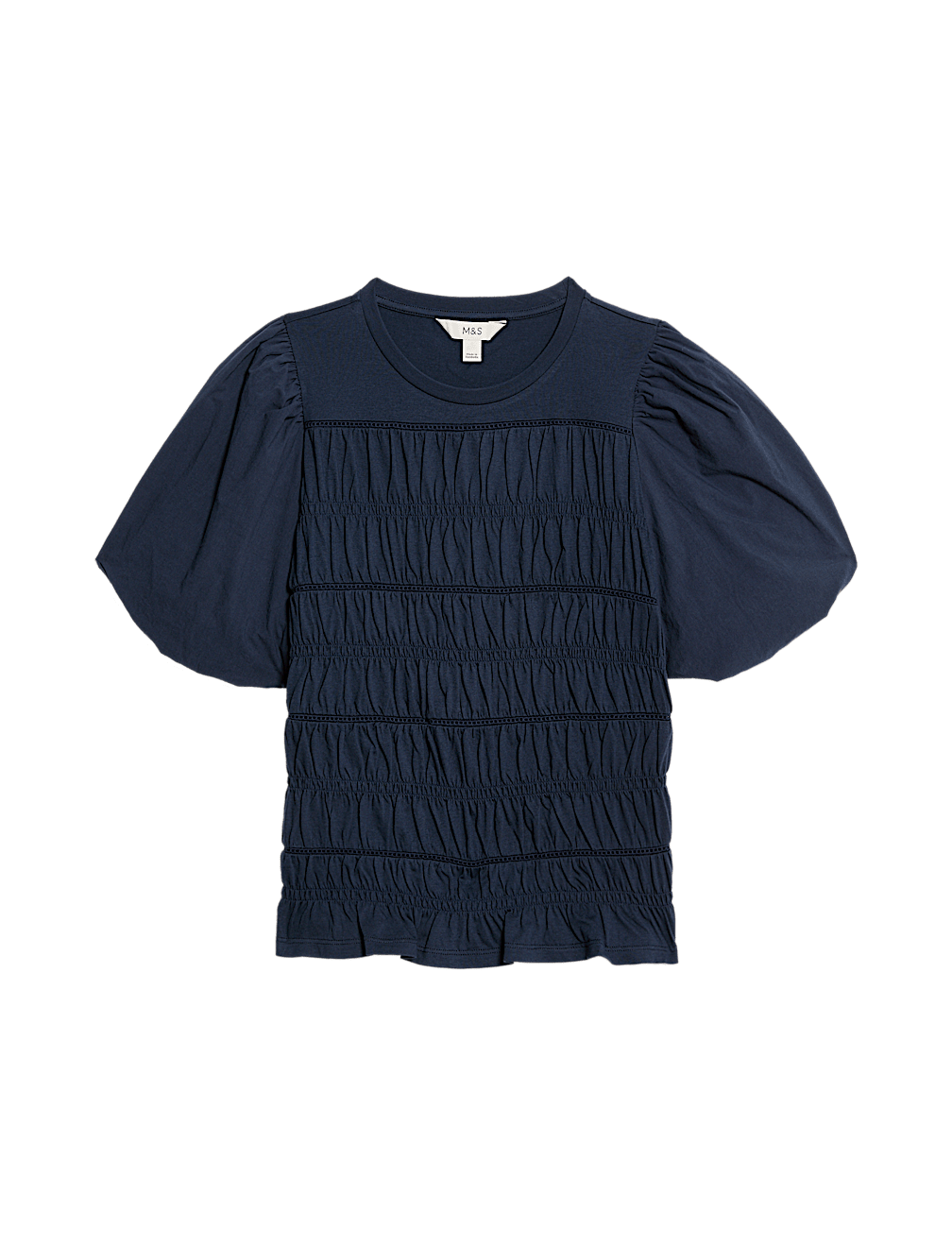 Pure Cotton Jersey Smocked Puff Sleeve Top