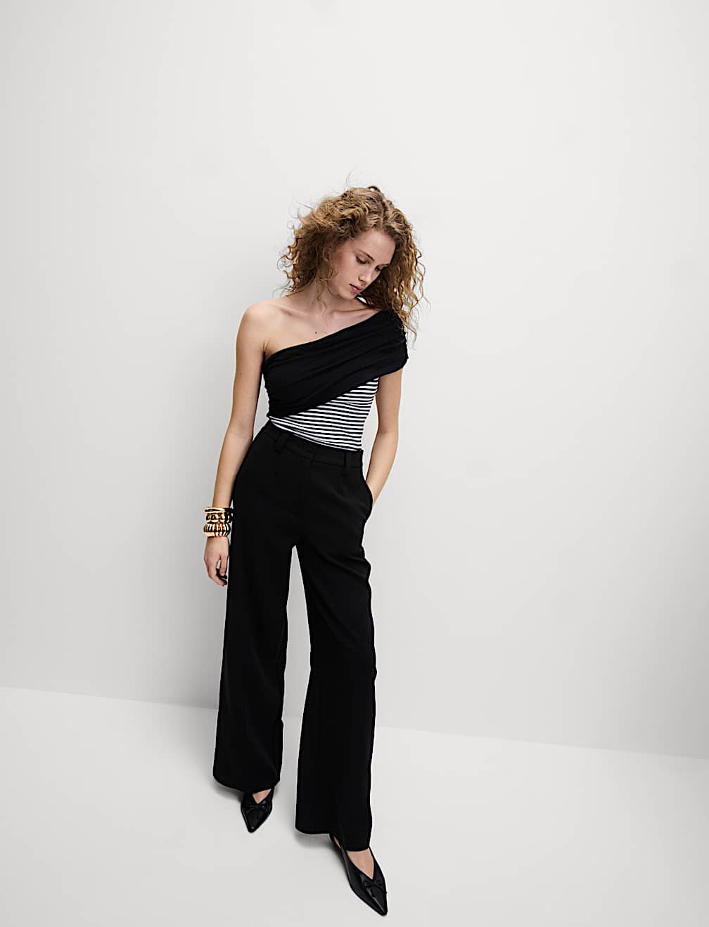 Cotton Rich Striped Ribbed One Shoulder Top