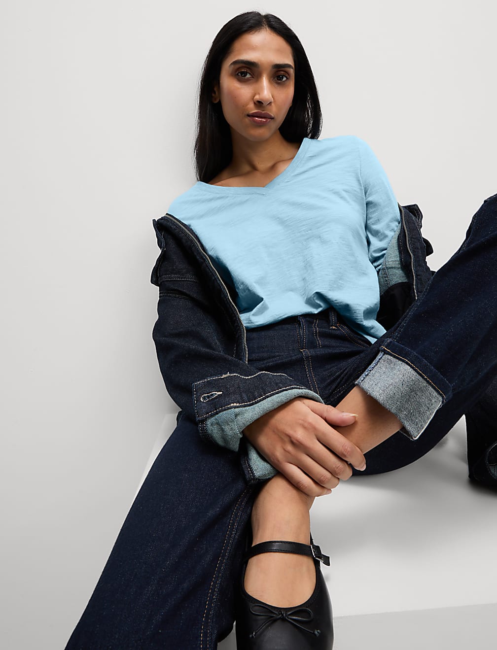 Pure Cotton Long Sleeve V-Neck Top