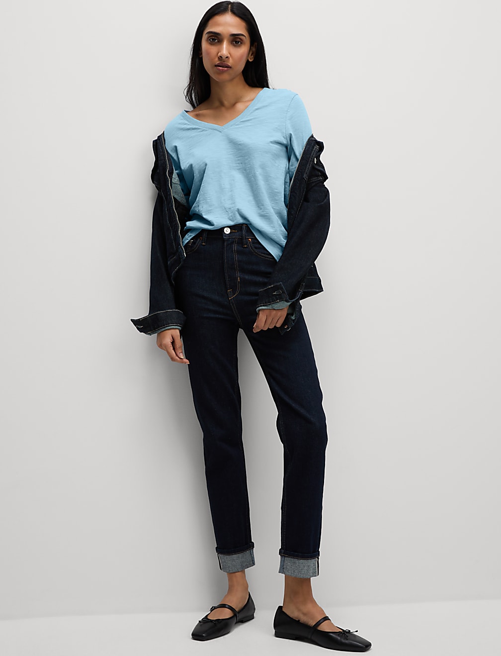 Pure Cotton Long Sleeve V-Neck Top