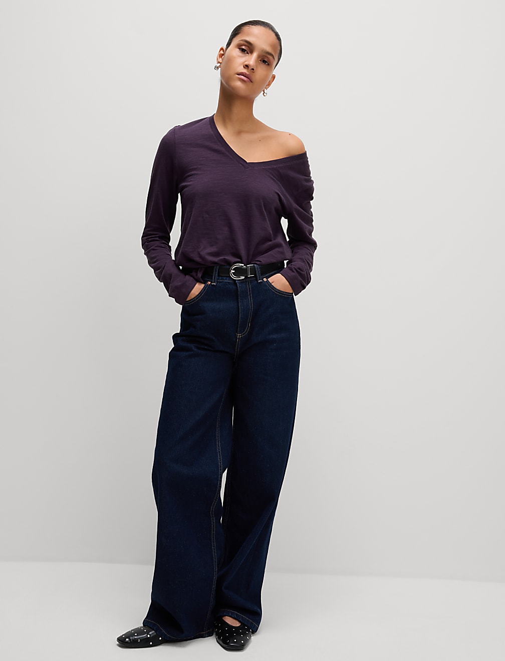 Pure Cotton Long Sleeve V-Neck Top